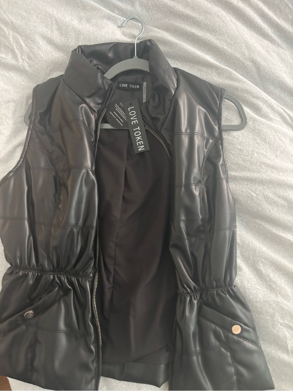 Love Token Black Faux Leather Puffer Vest with Snap Pockets